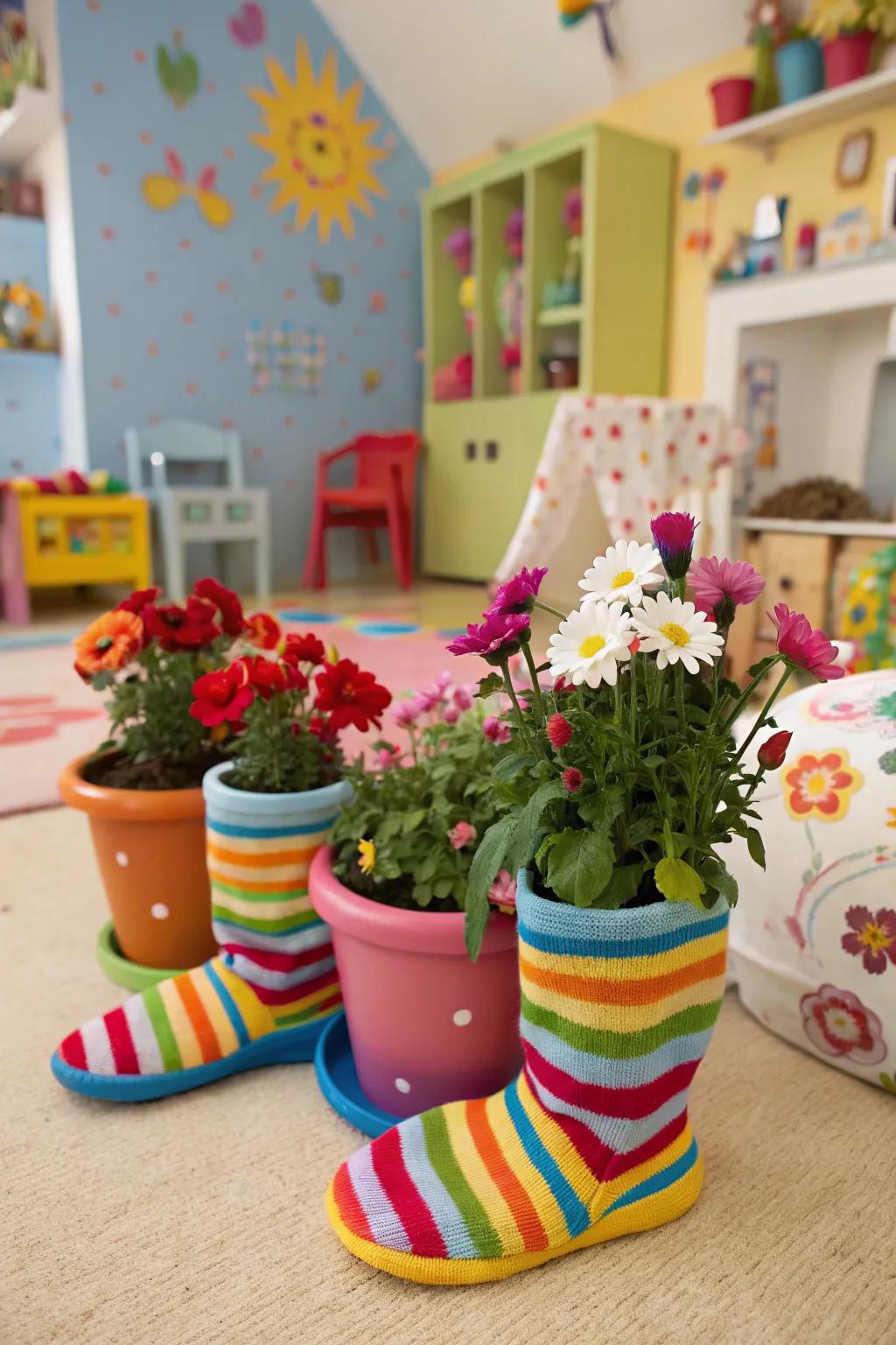 Flower pots wrapped in vibrant socks for a whimsical effect.