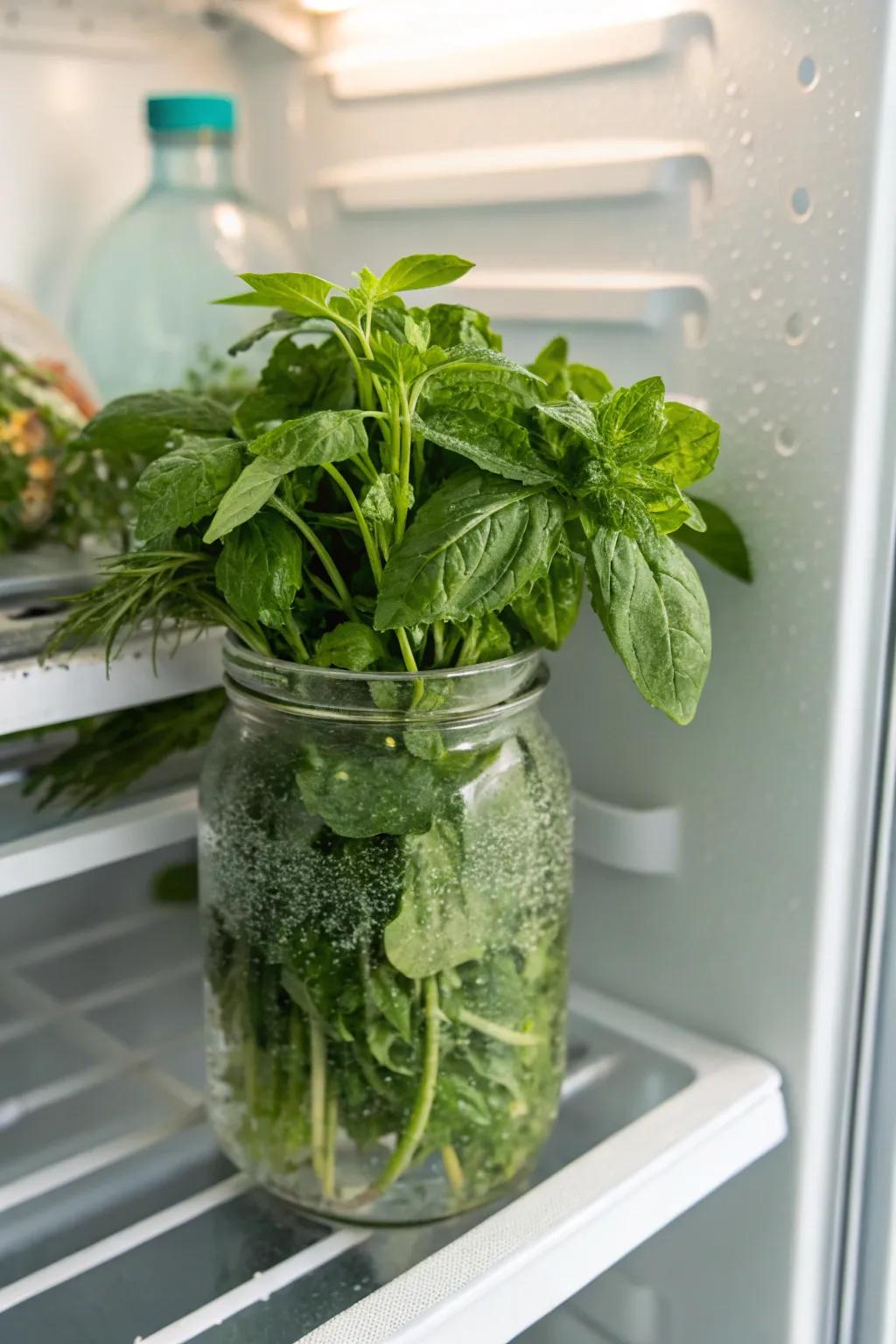 Fresh herbs stored in a jar of water for extended freshness.