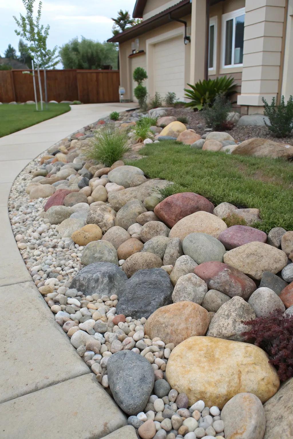 Combining river rocks adds variety in texture and shade.
