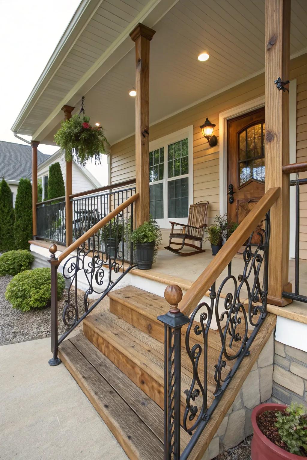 Wrought iron railings blended with wooden elements for a unique style.