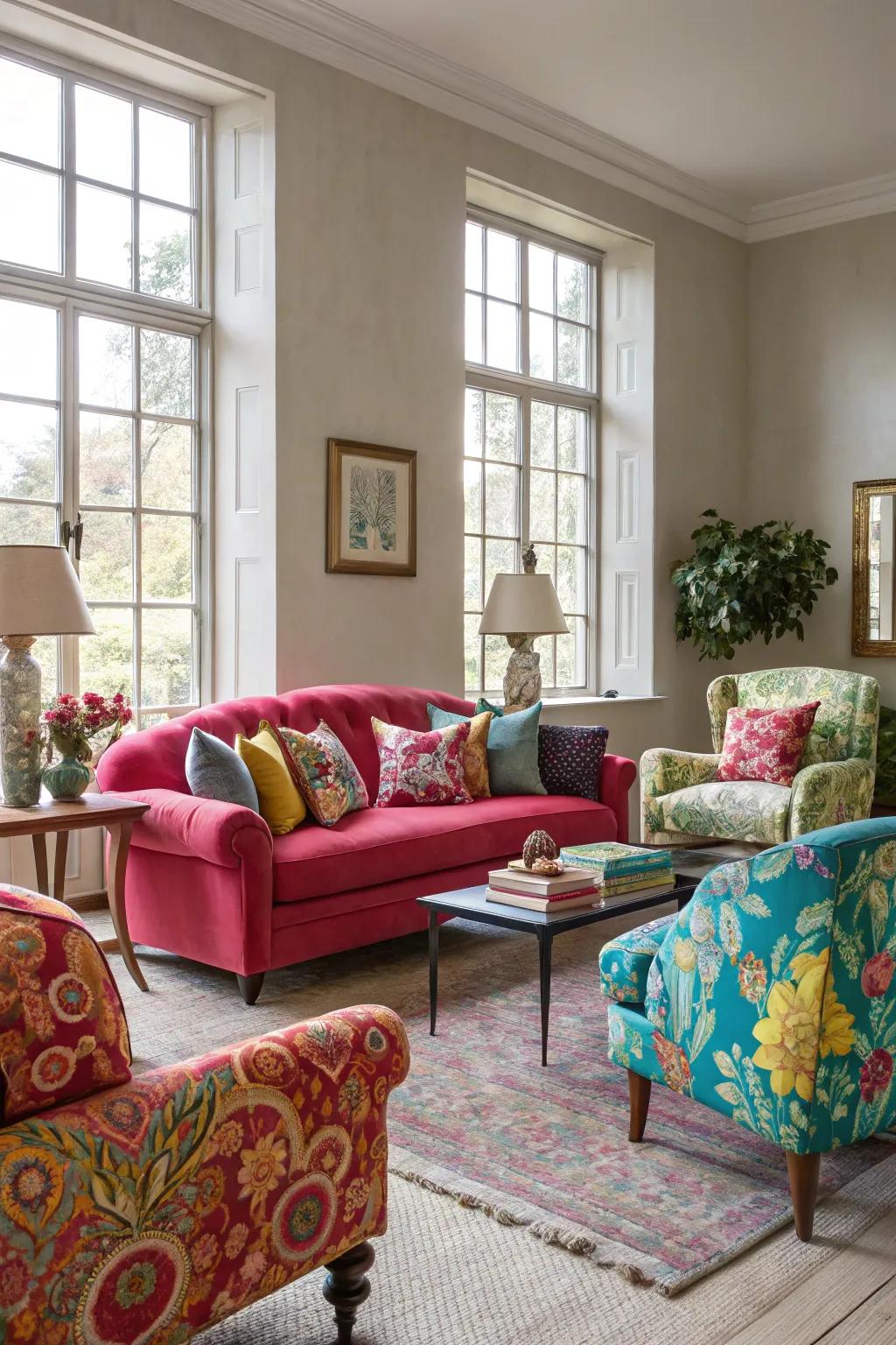 Bold upholstery adds warmth and personality to the space.