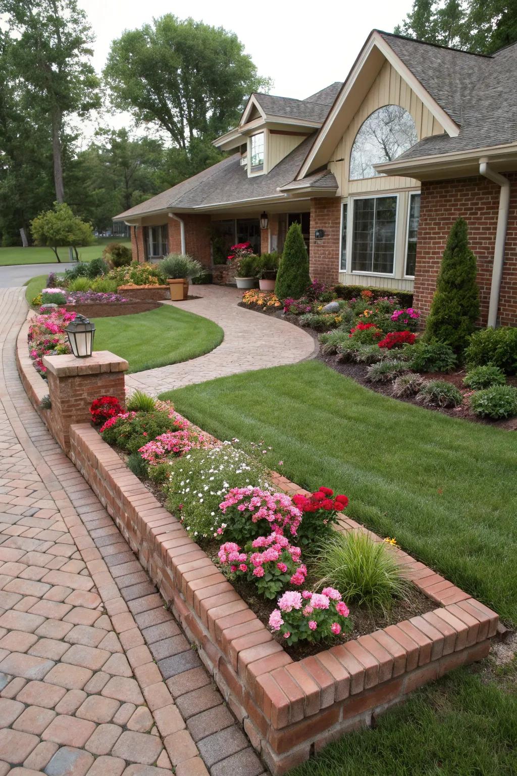 Stone borders uphold a tidy garden facade.