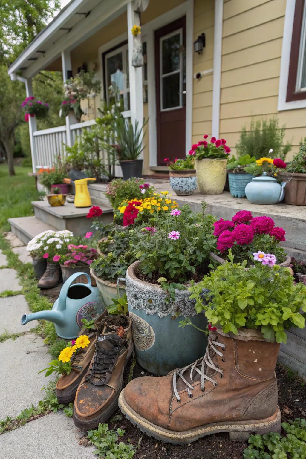 Repurposed items add whimsy and sustainability to the garden.