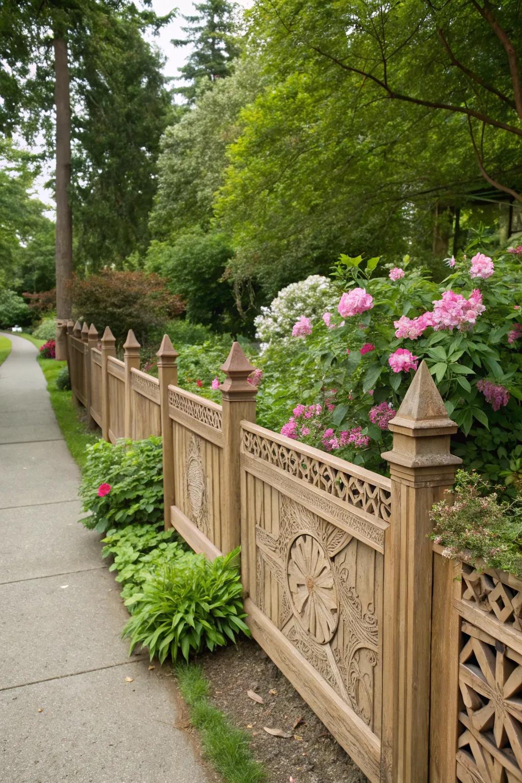 A charming decorative fence defining a corner lot garden space.