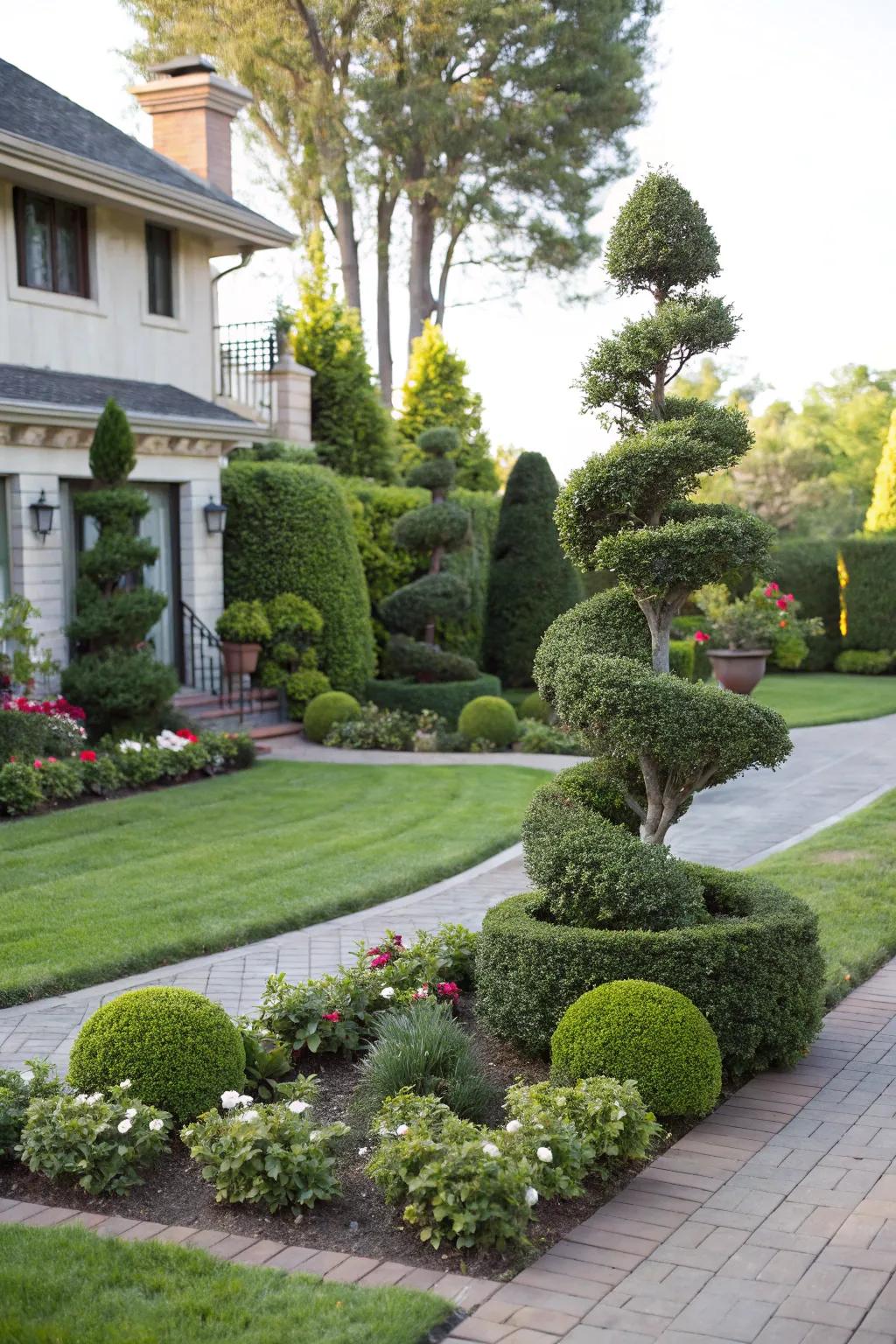 Sculpted evergreens inject charm and elegance into the landscape.