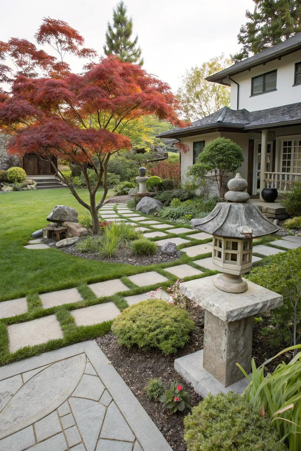 A blend of modern and traditional styles forms a unique landscape around the Japanese maple.