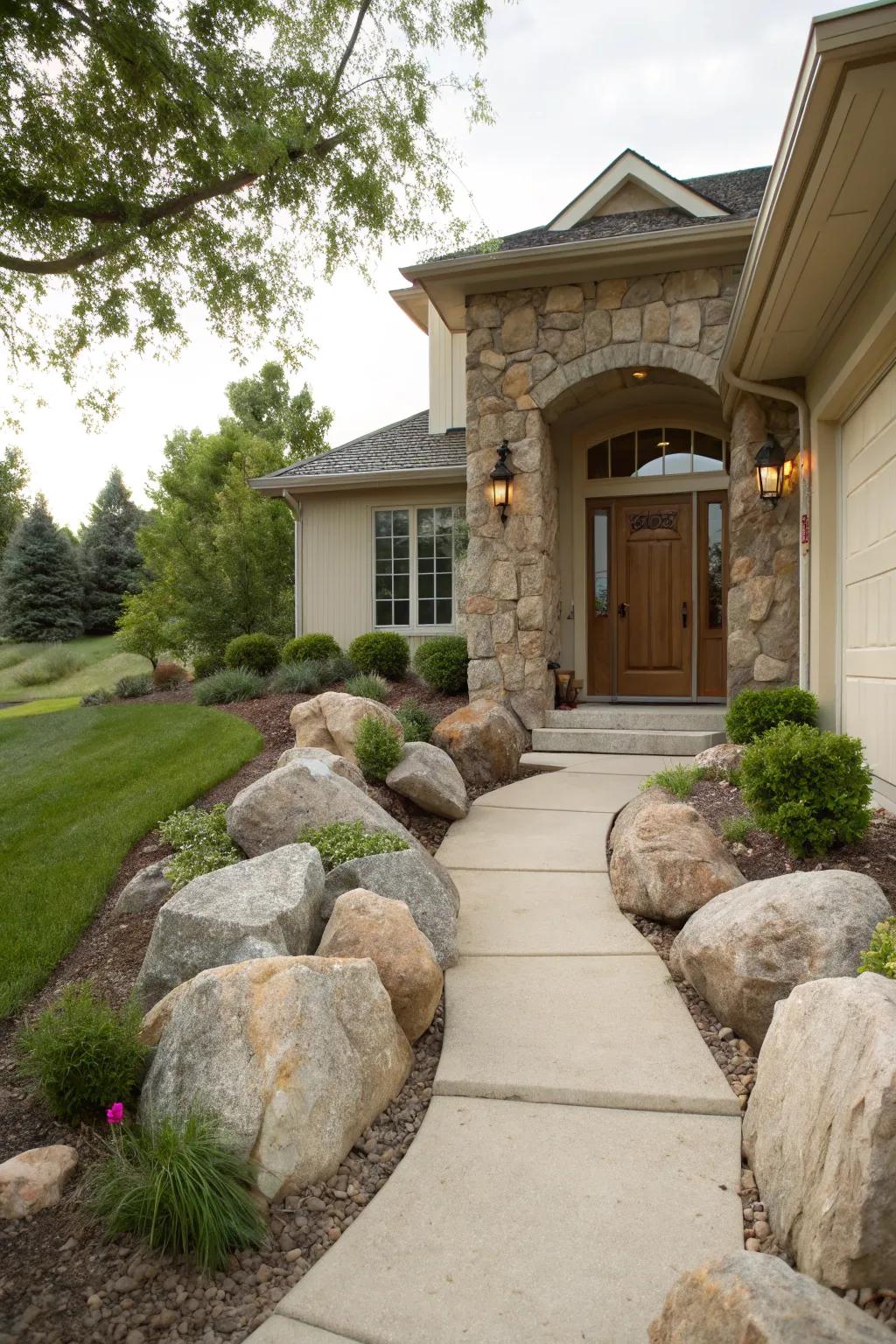 Boulders create a welcoming frame for a home's entrance.