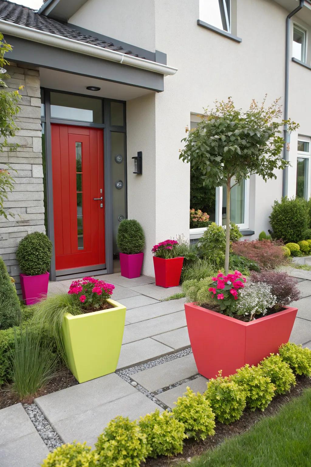 Striking accent hues append a remarkable element to contemporary front gardens.
