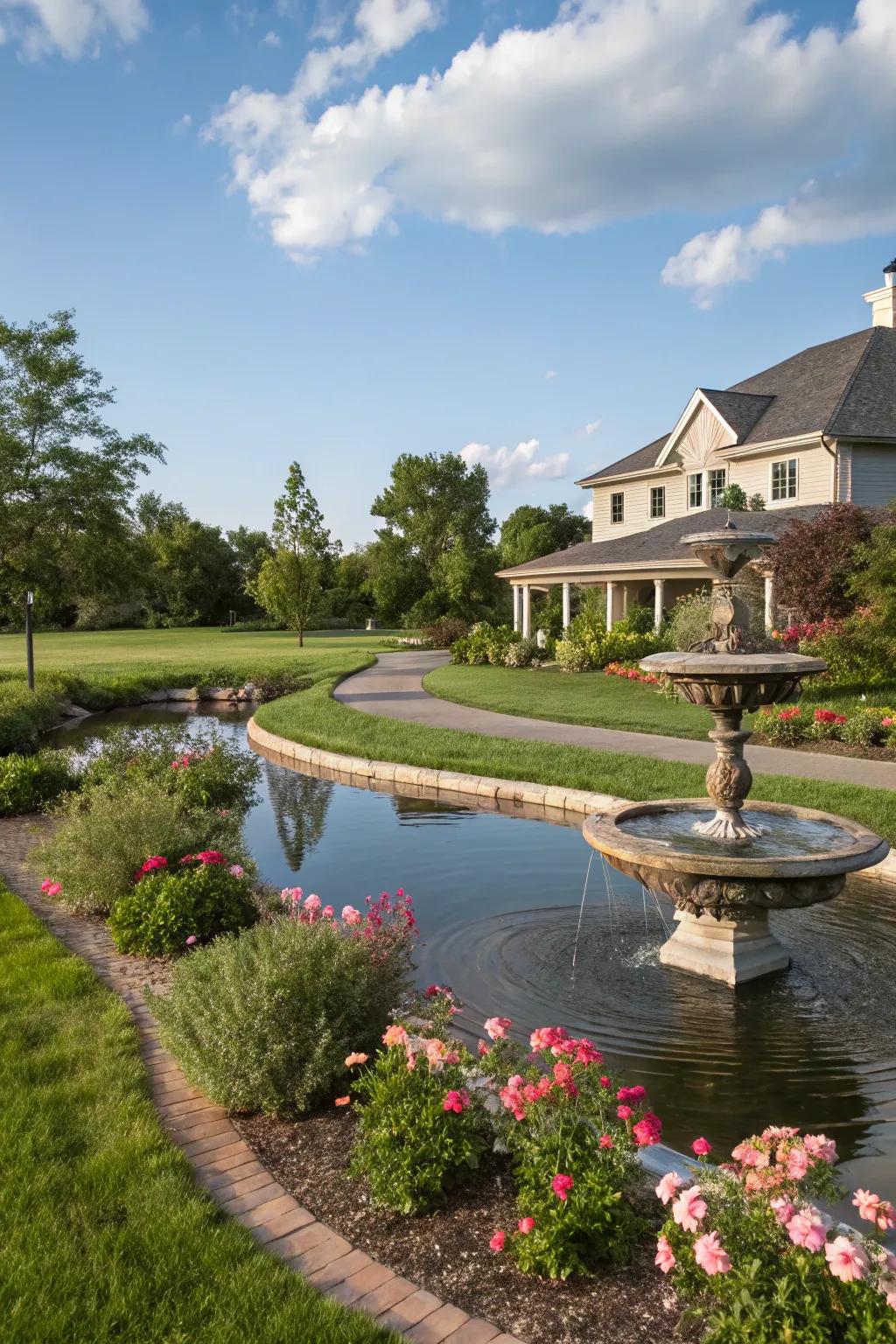 Water features contribute a tranquil and distinctive perimeter to your front yard.
