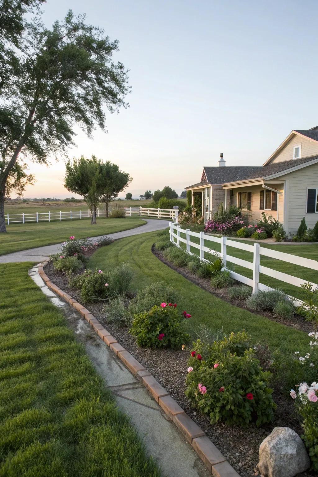 Subtle fencing defines distinct spaces in a ranch-style yard