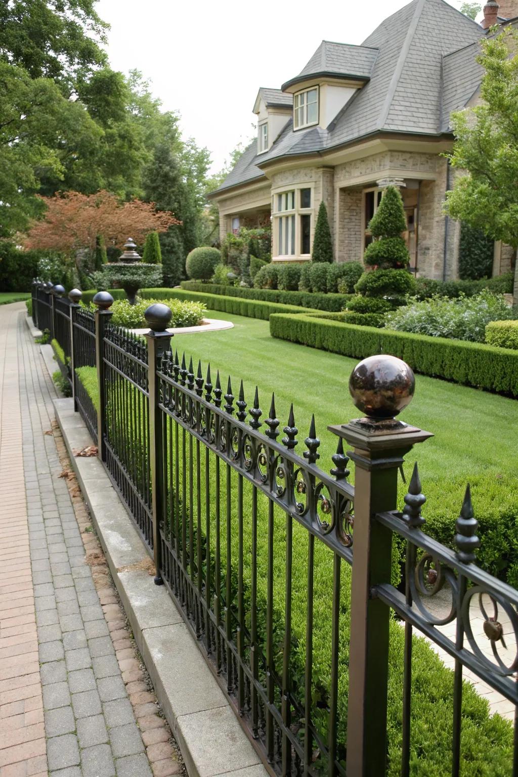 A forged metal barrier with spherical accents adding sophistication to a front yard.