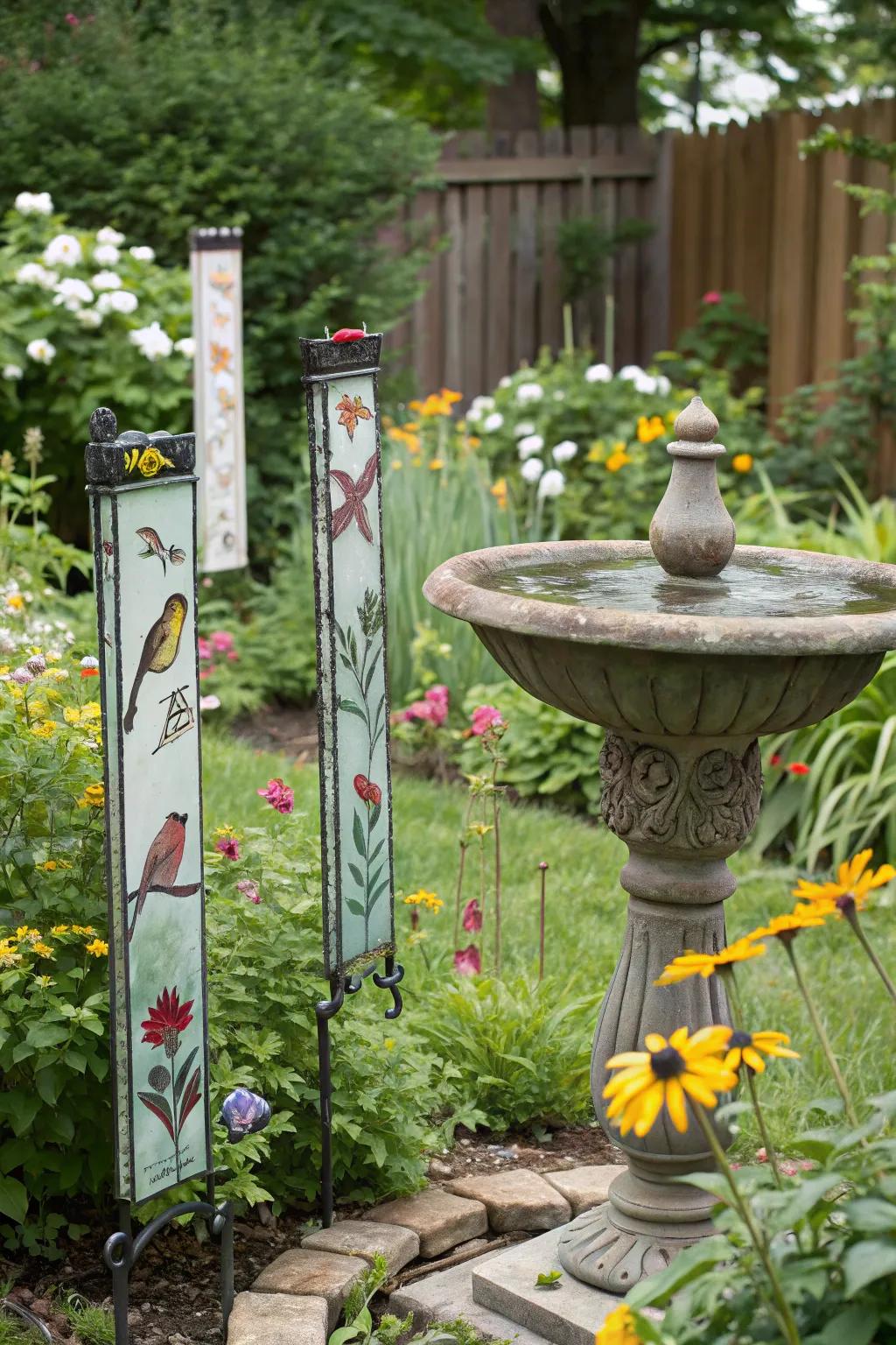 Bird-inspired glass posts enhancing the natural grace of the garden.