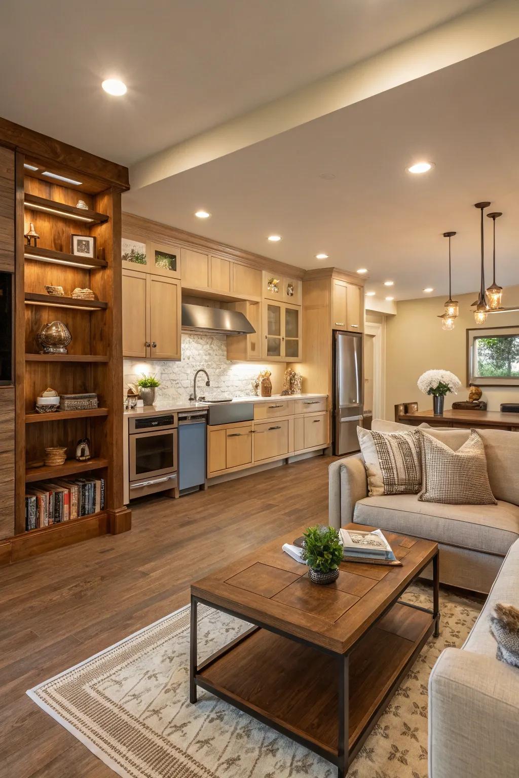 Colors that match bring the kitchen and living room together.