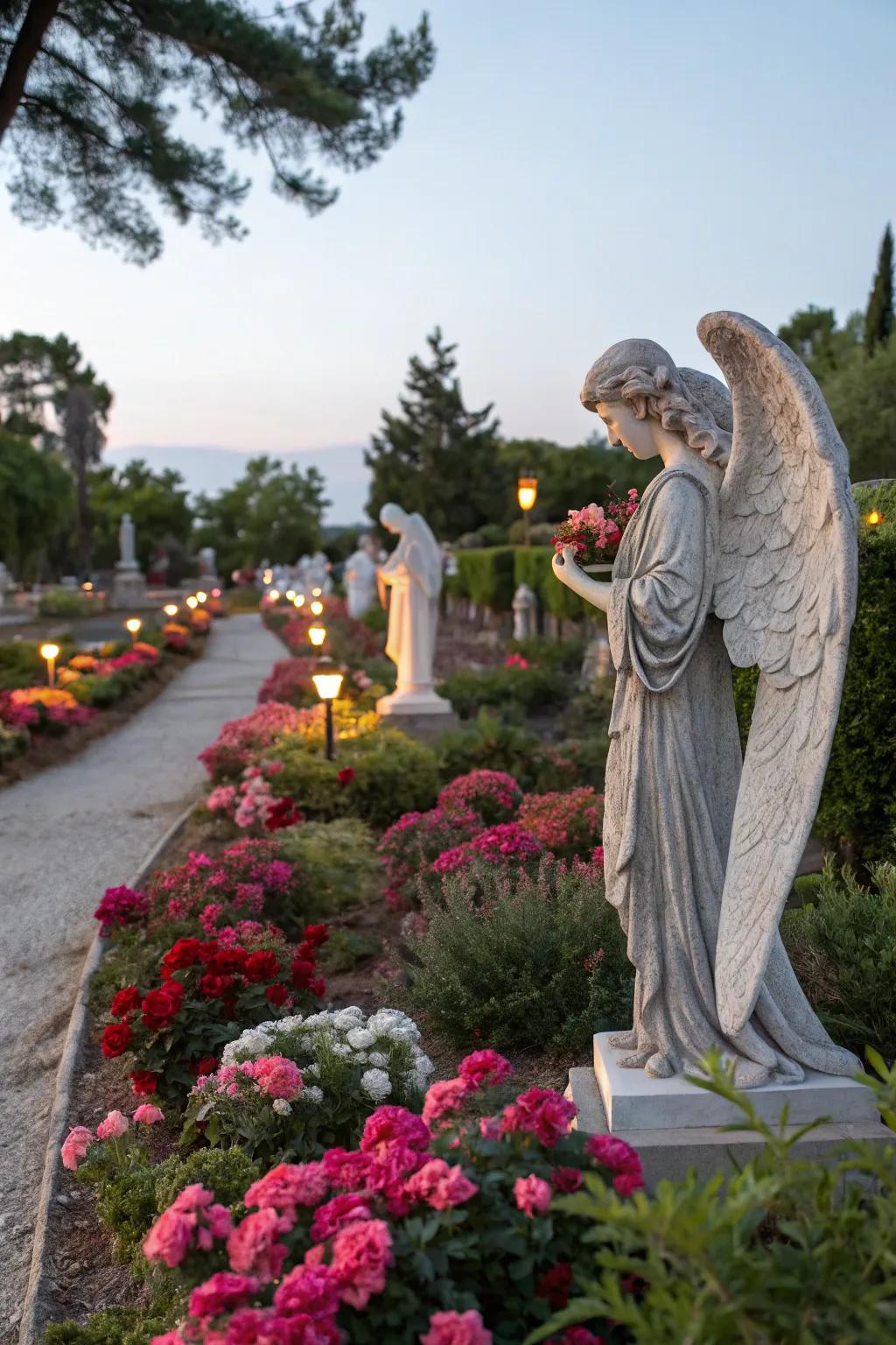 A peaceful memorial garden graced with heavenly figures.