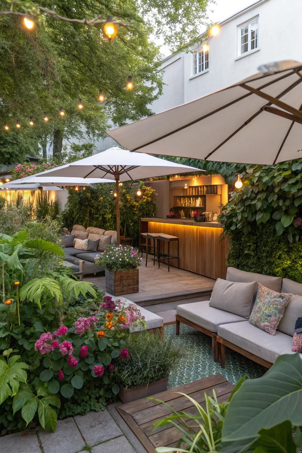 A dual-purpose garden bar and lounge area.