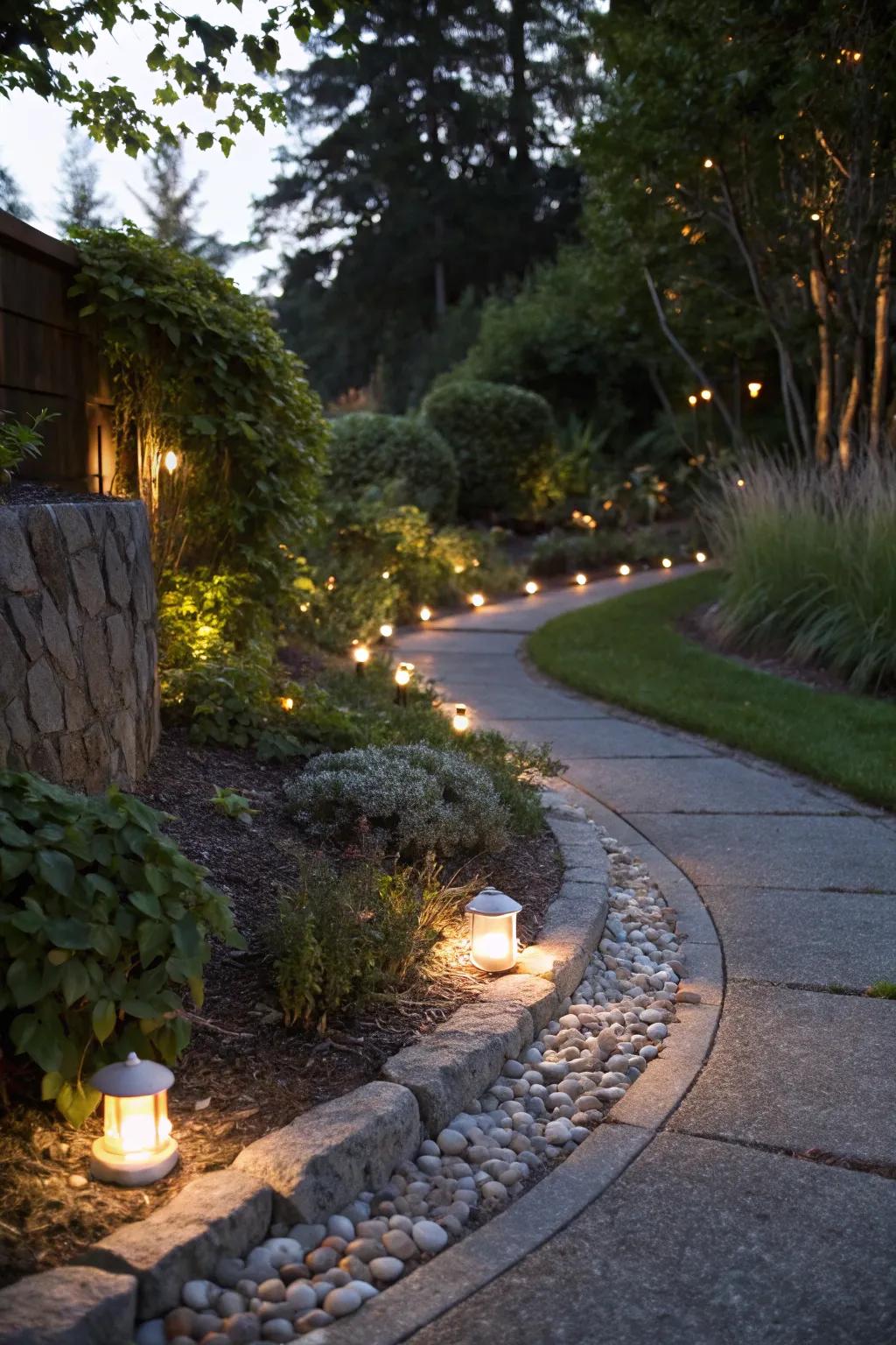 Lighting integrated into garden edges brings charm and purpose.