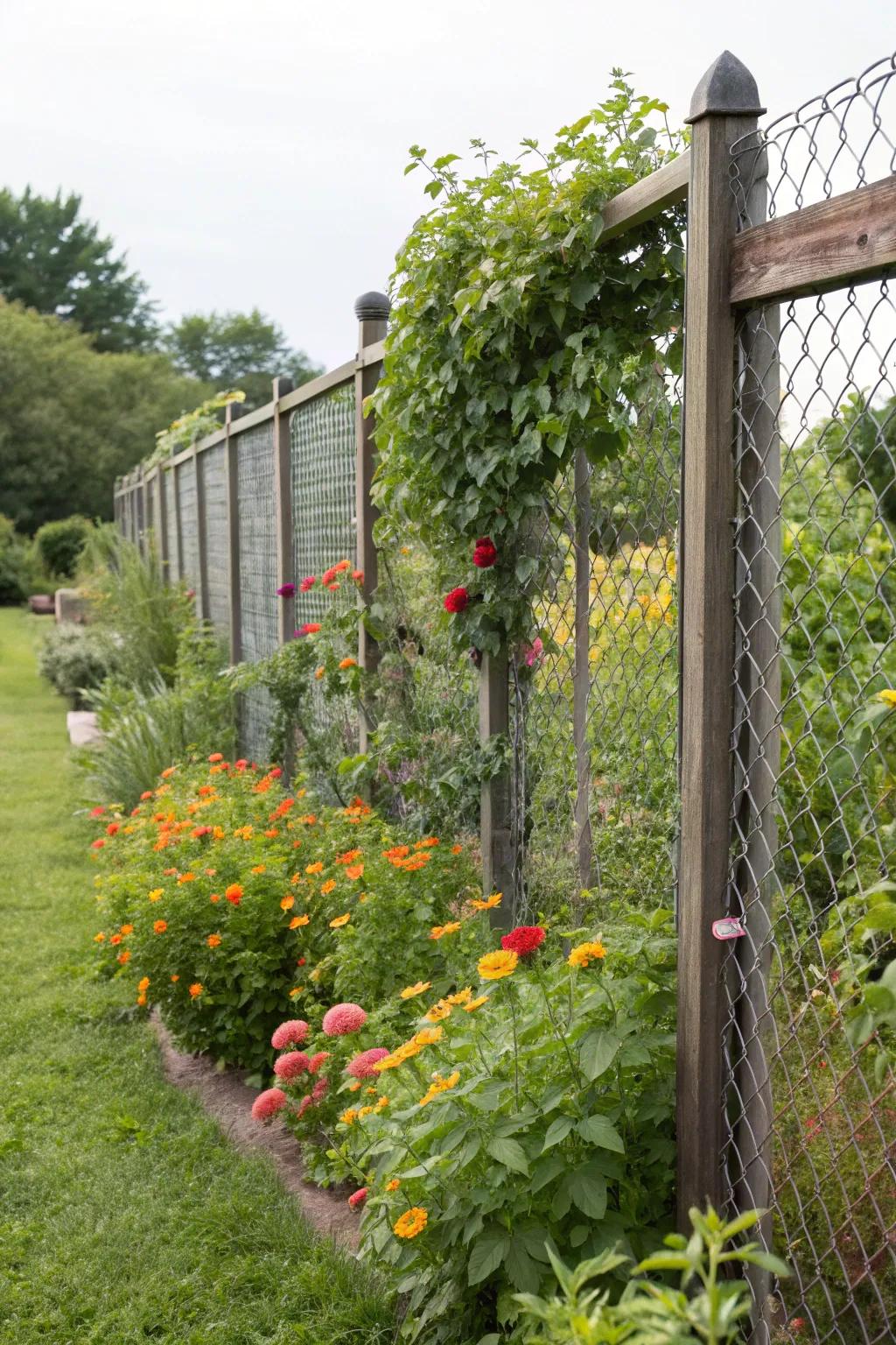 A floppy top fence ingeniously deters climbing animals, ensuring they cannot easily breach the garden's defenses.