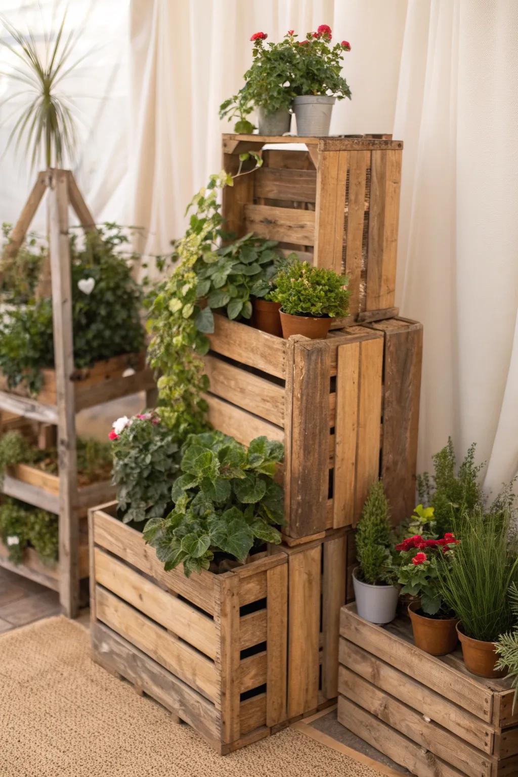 Elevate your garden with rustic crate stands that blend farmhouse charm with minimalist elegance.