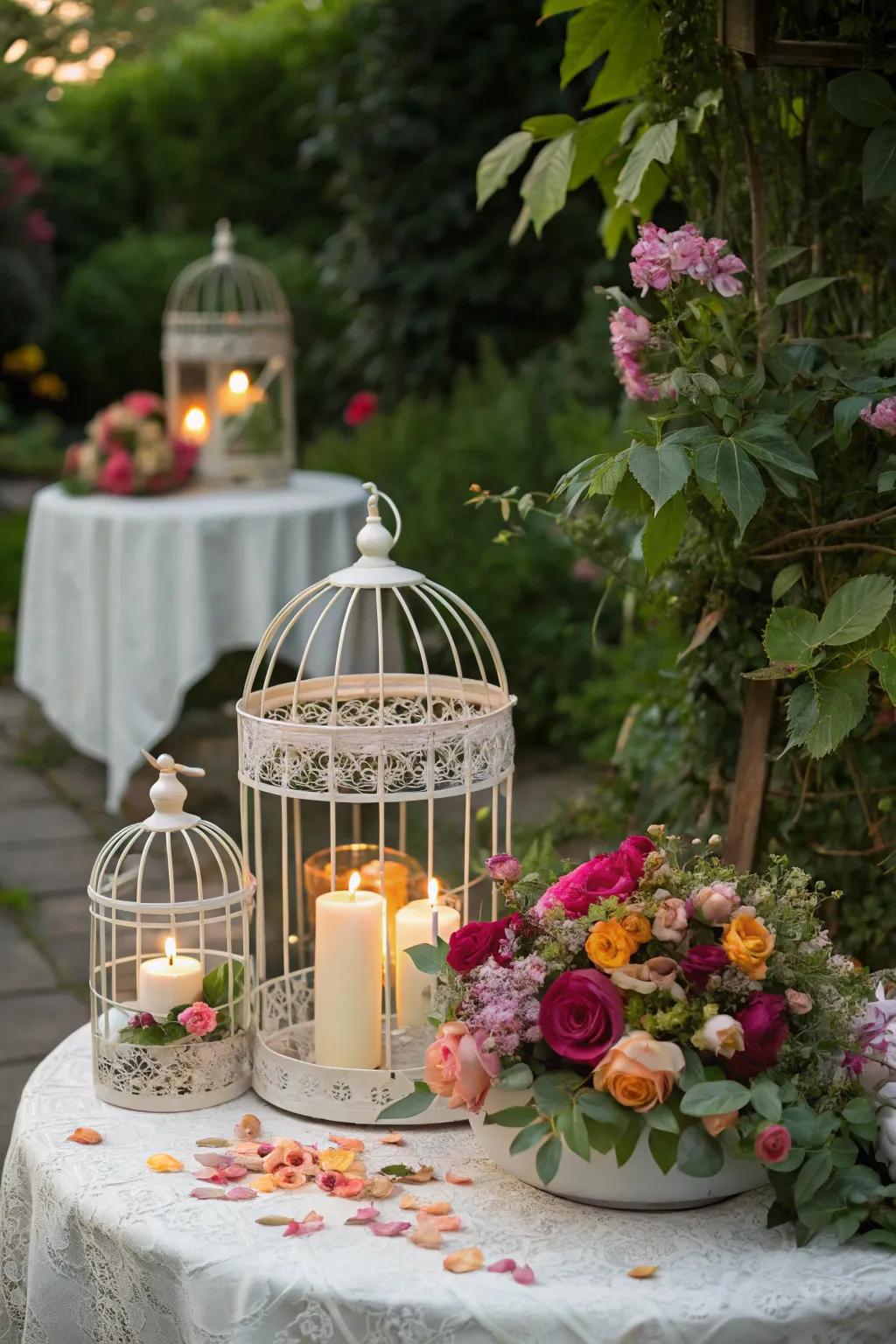 Birdcages add an elegant touch to the tea party decor.