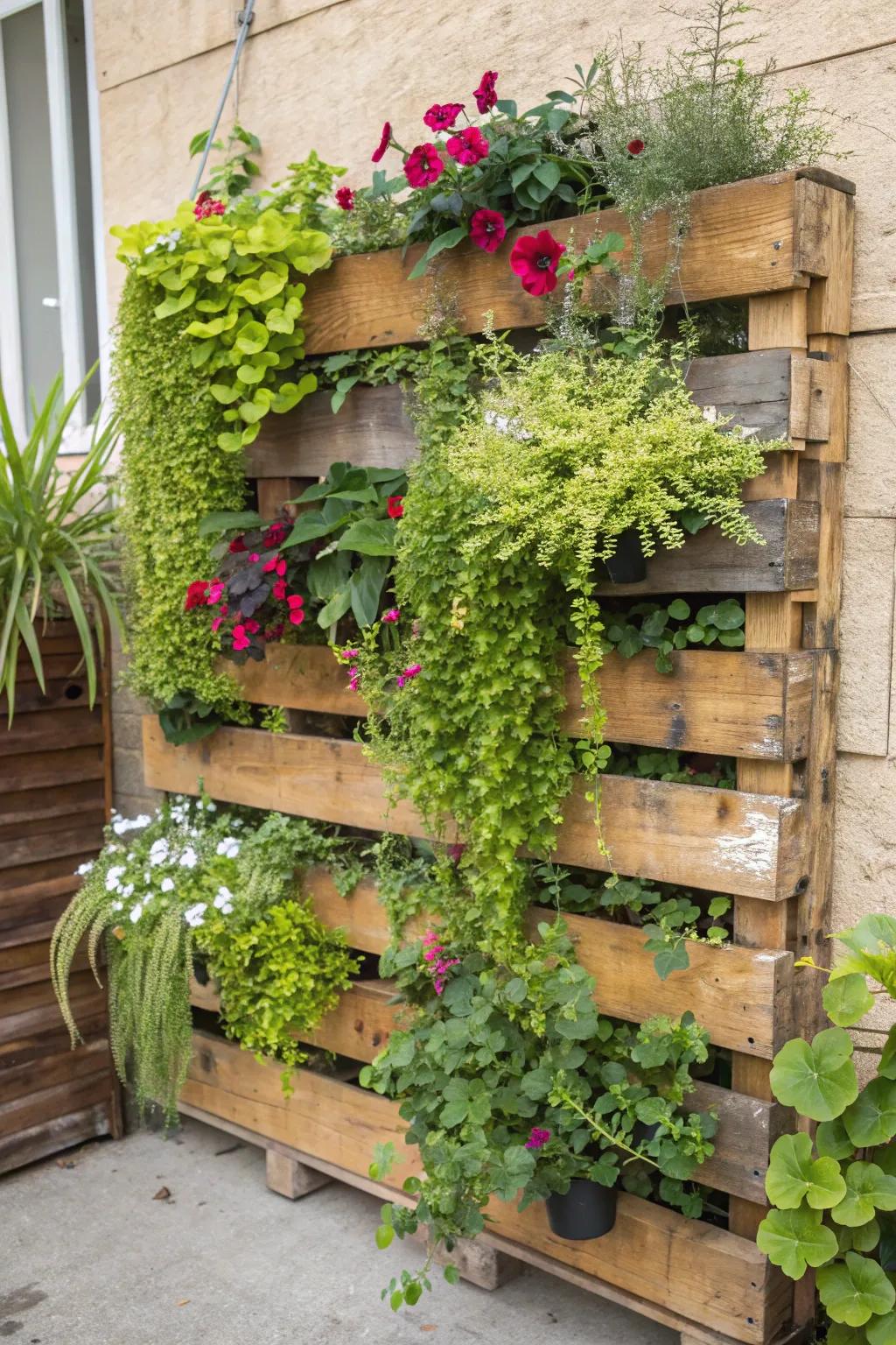 A creative raised garden introduces greenery and flair to any wall.