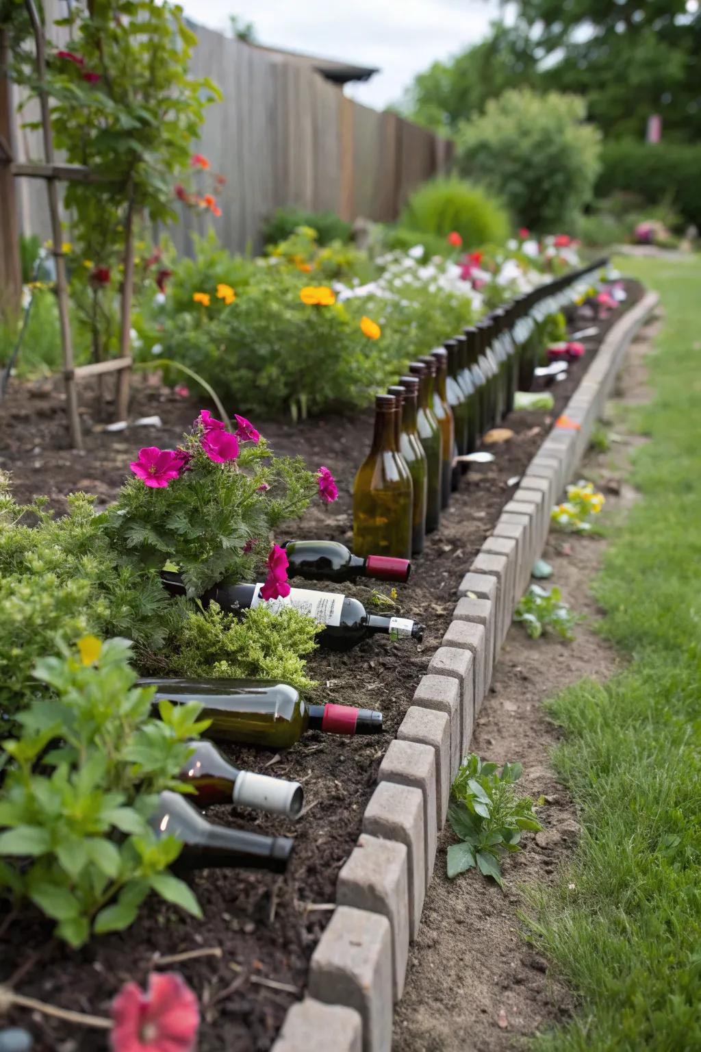 Wine bottles contribute a vibrant and creative flair to garden borders.