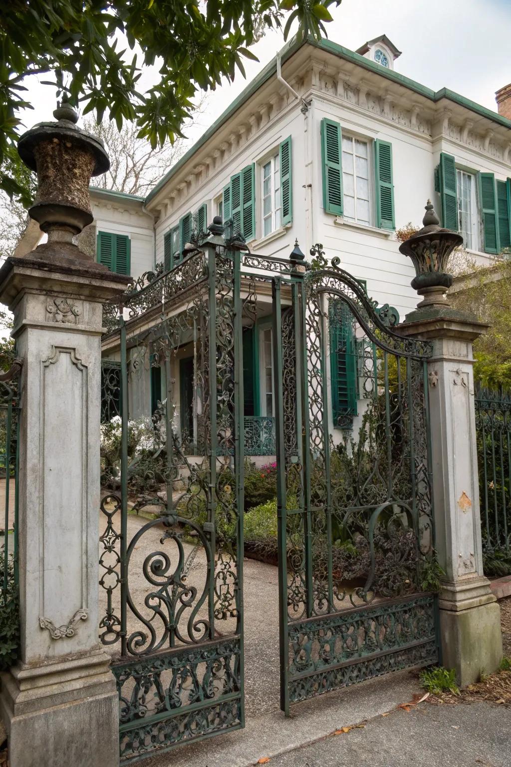 A vintage-style gate enriches the allure of traditional architecture.