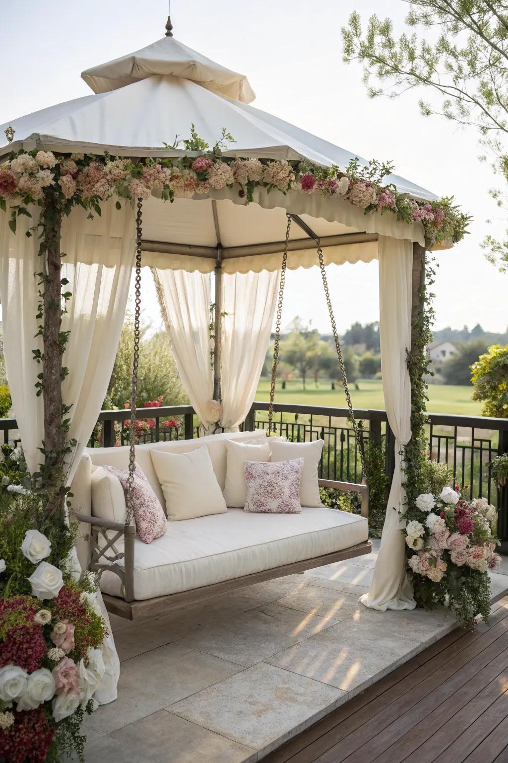 A swing brings a playful and relaxing vibe to this gazebo.