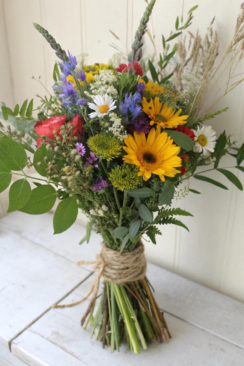 A vibrant wild bloom arrangement for a natural celebration.