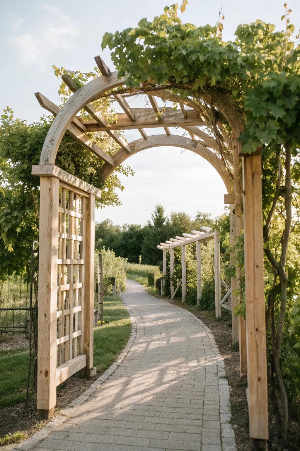 Step into serenity through a handcrafted grapevine arbor, where simplicity meets natural beauty.