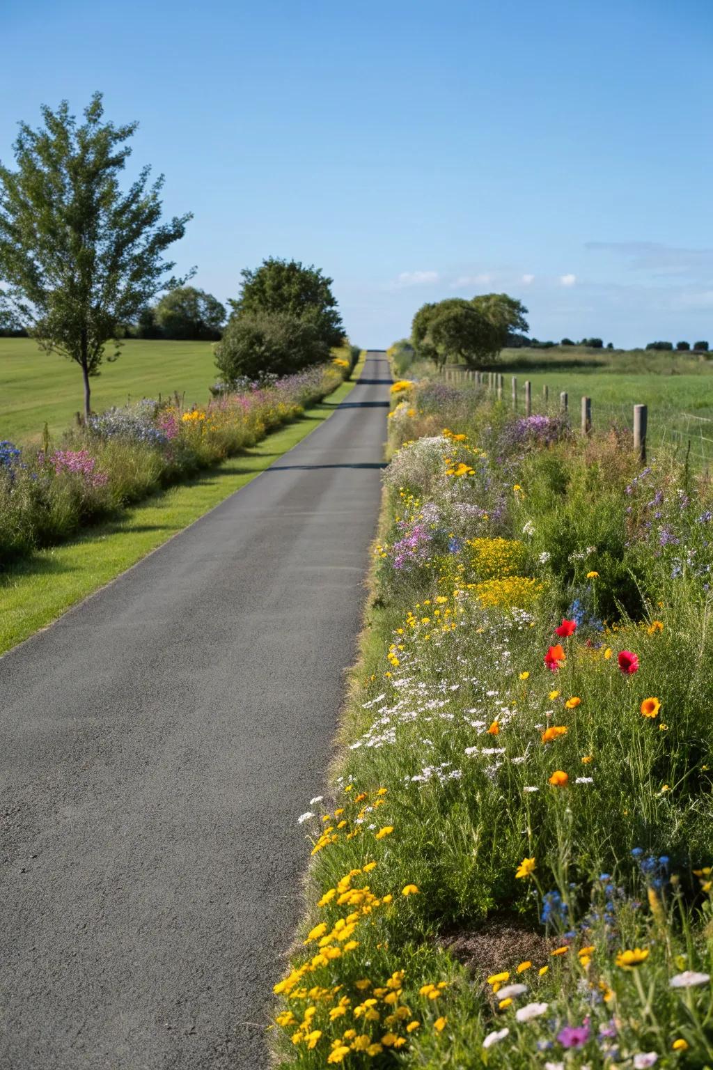 Wildflower edges incorporate colorful accents to a grass driveway.