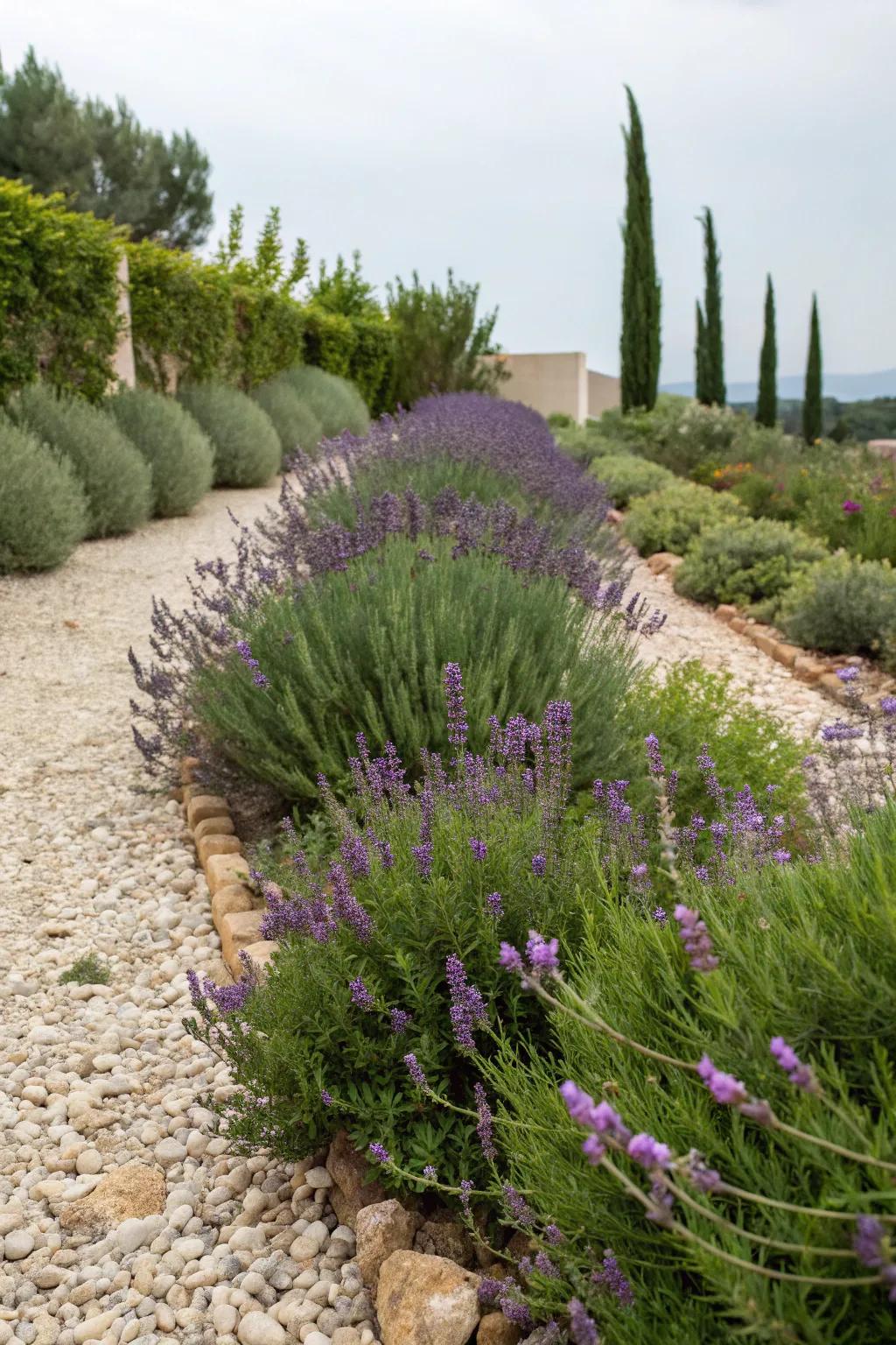 A Coastal Europe-inspired gravel flower bed with fragrant herbs