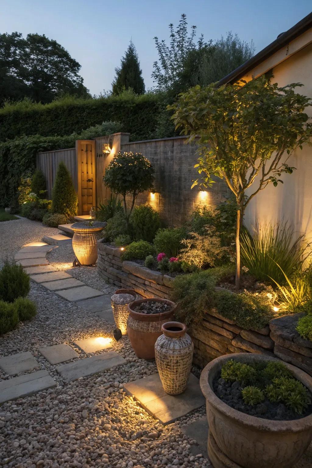 Strategic lighting transforms a gravel garden into an evening retreat.