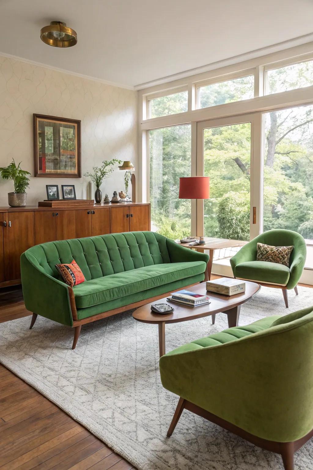 Mid-century modern elements pair wonderfully with a green couch for a chic retro vibe.