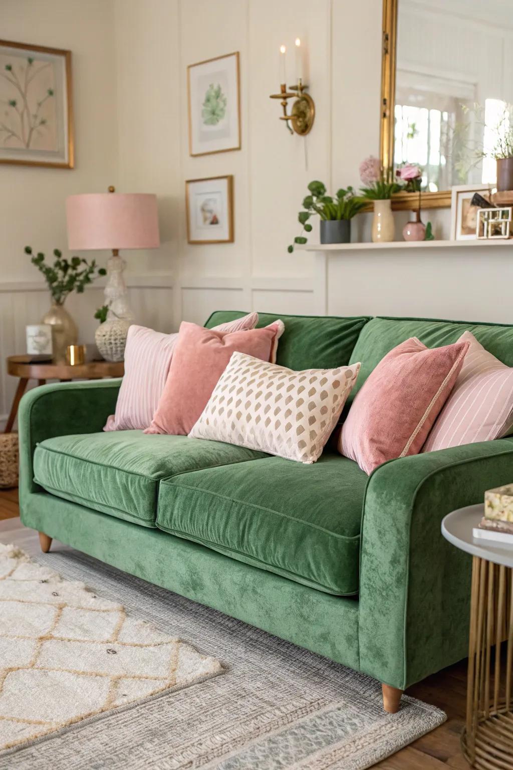 A snug living space showcasing an emerald plush sofa and soft pastel accents.