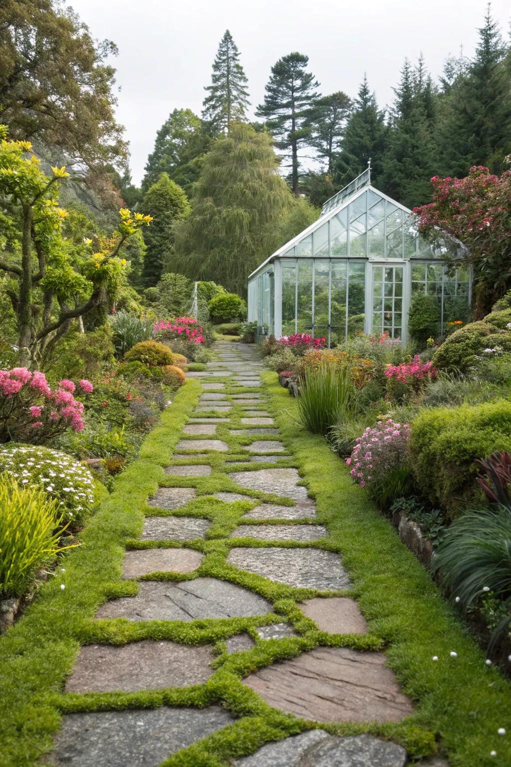 A winding garden route beckoning you to explore the greenhouse.