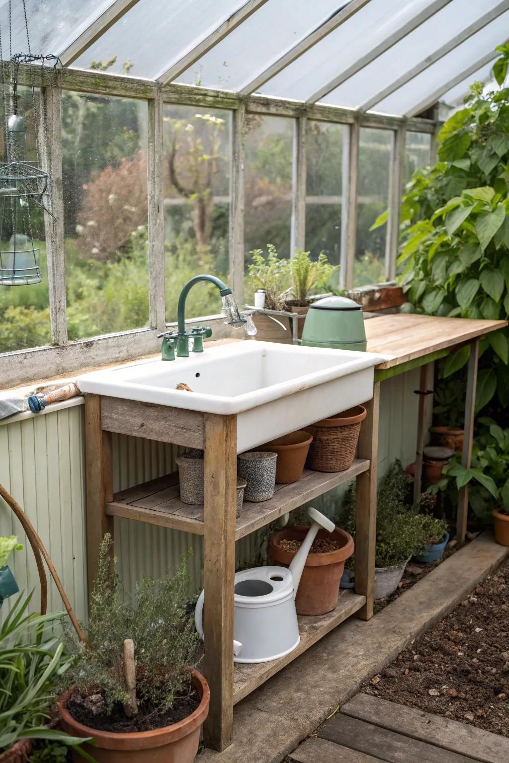 A concealed sink offers space-saving utility in a greenhouse.