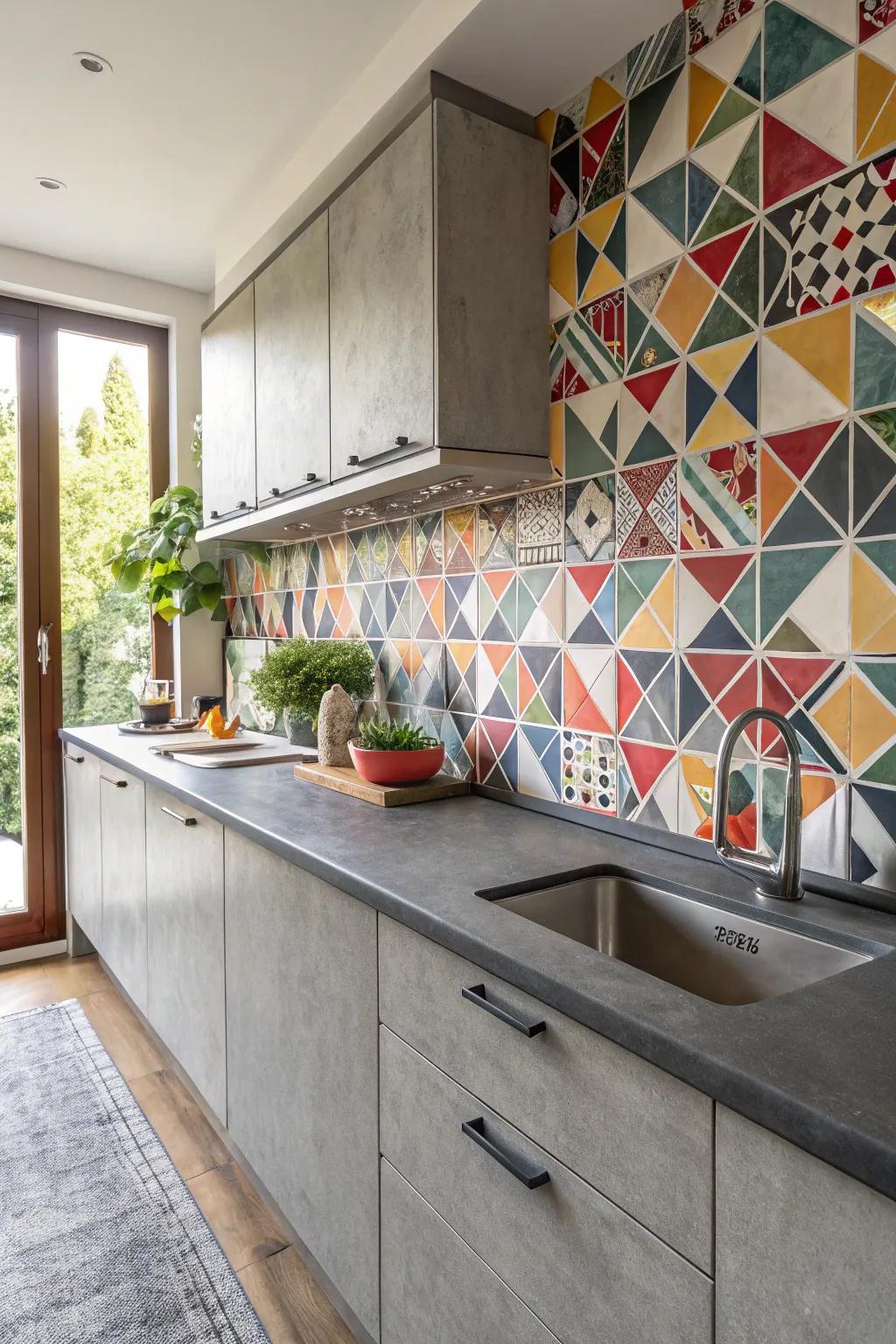 Grey worktops with an eye-catching geometric wall panel.