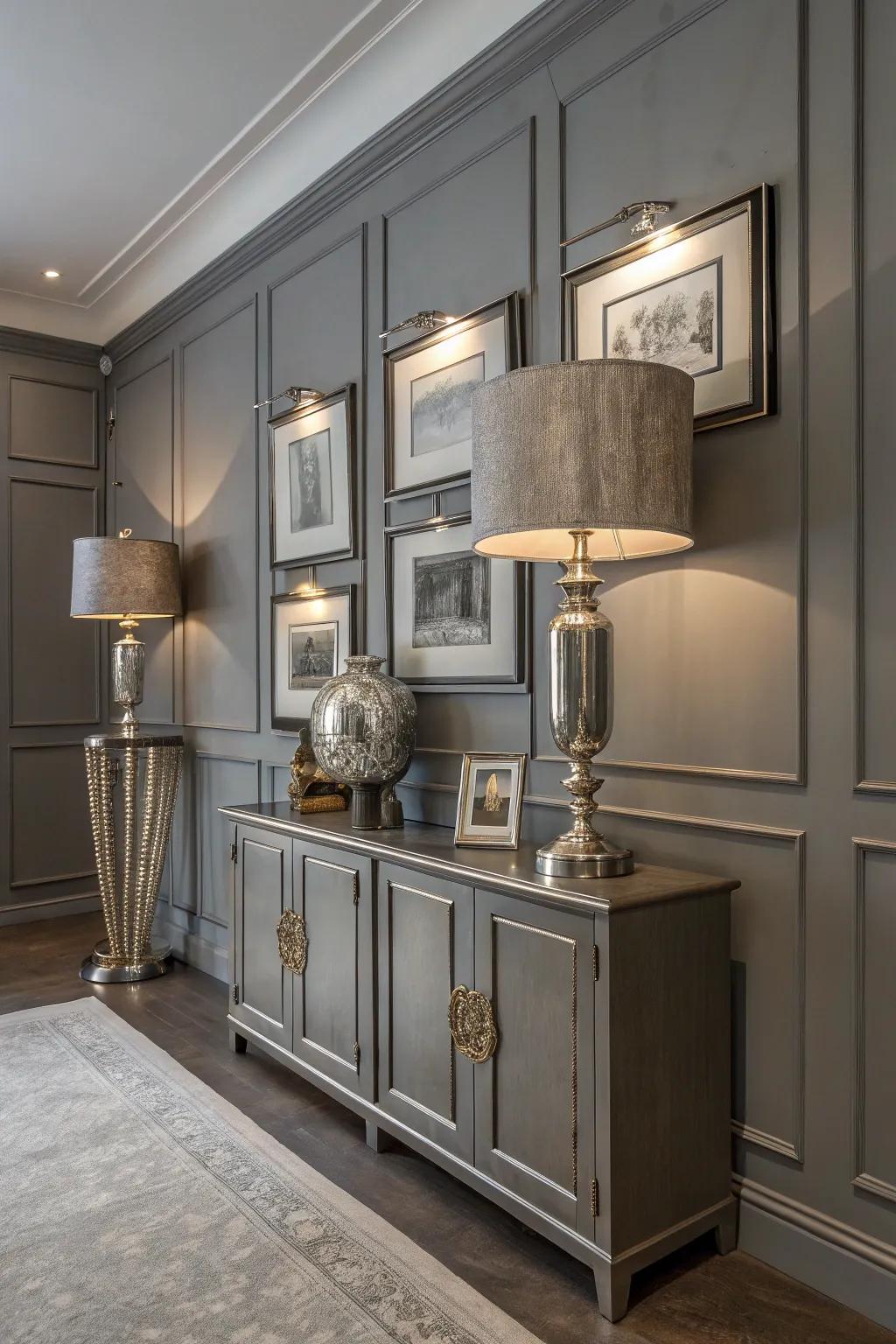 Gleaming details bring glamour to this grey inspired room.