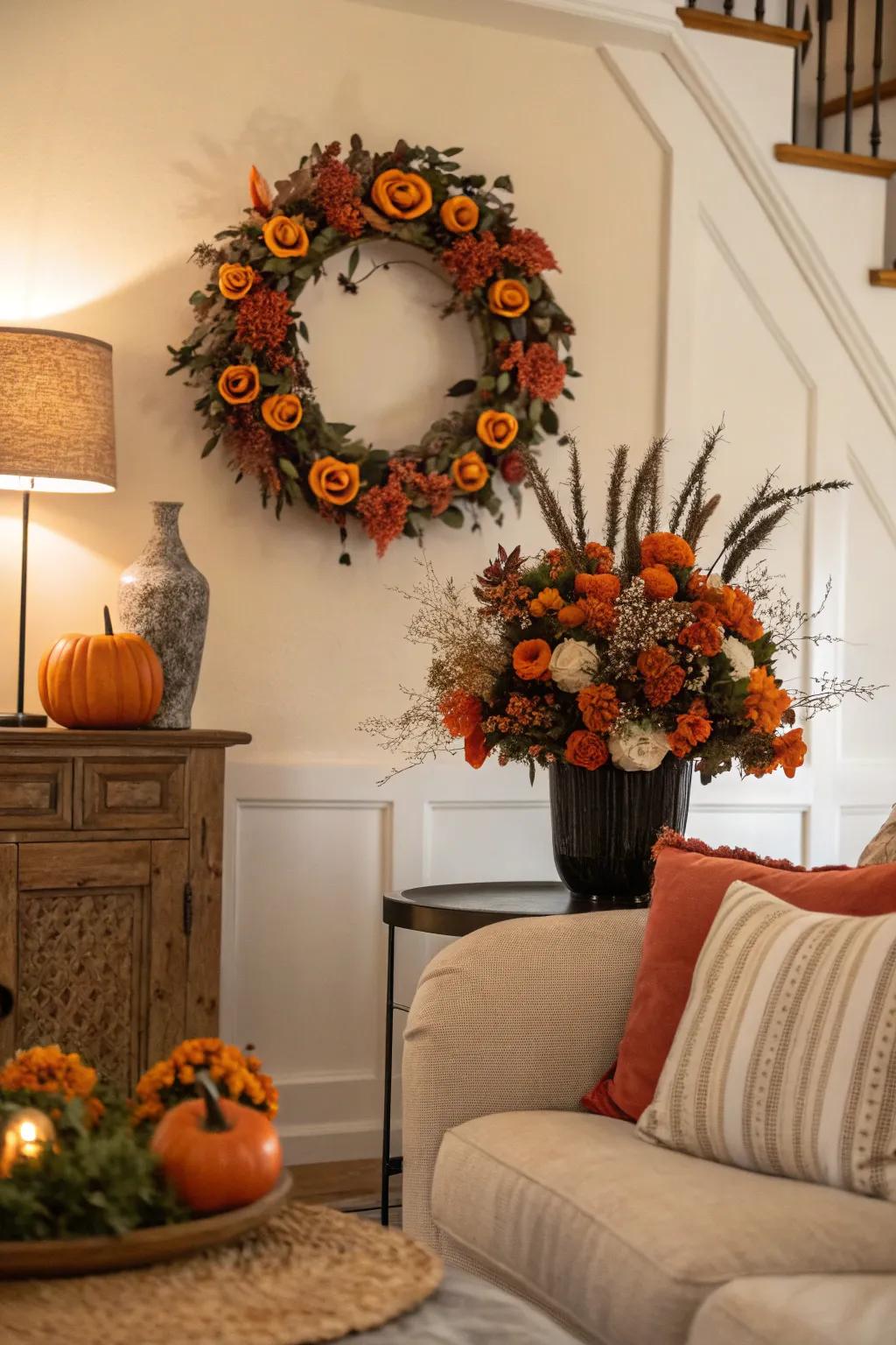Wreaths and flowers add a touch of natural elegance.