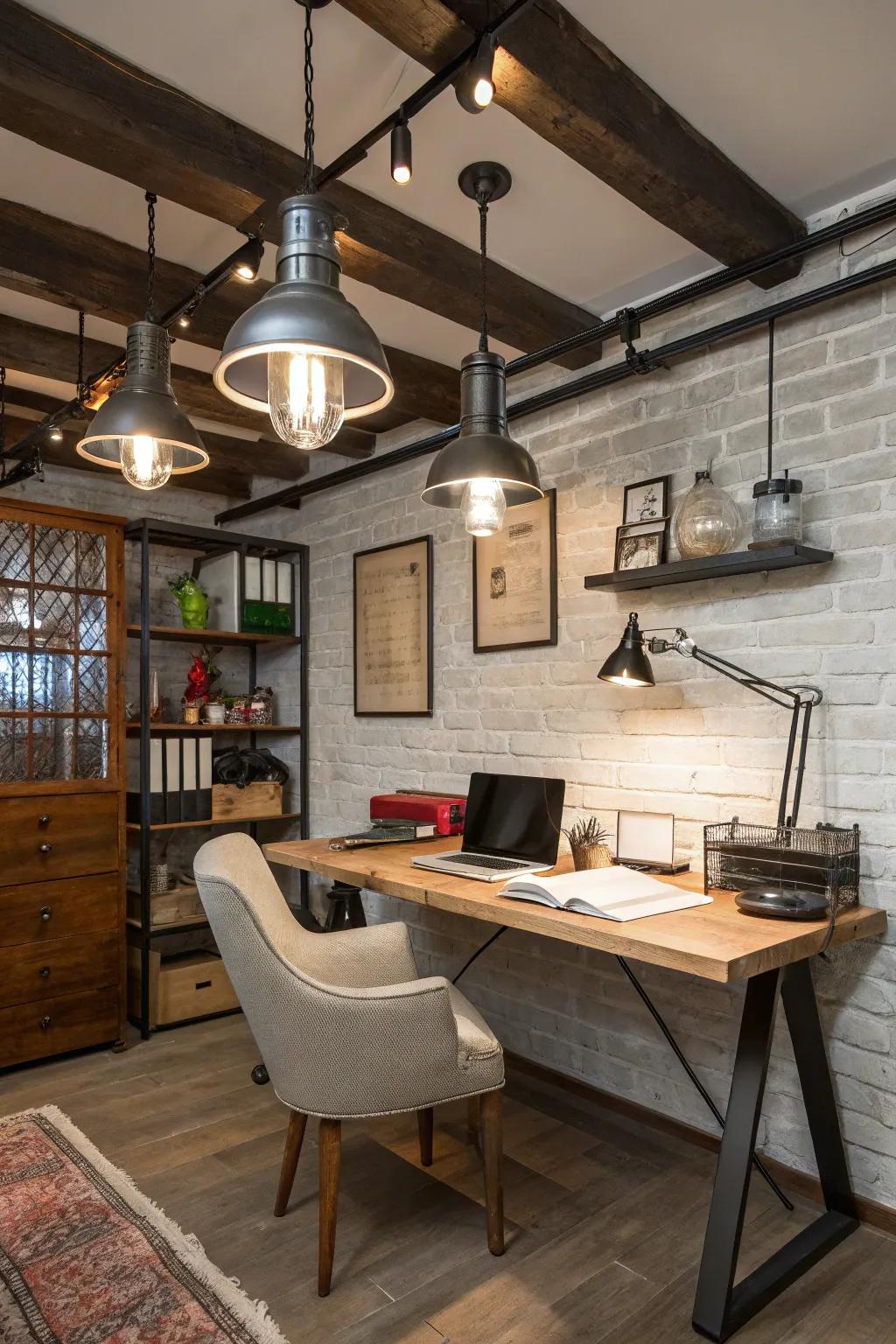 Commercial lighting adds an edgy, urban touch to your home office.