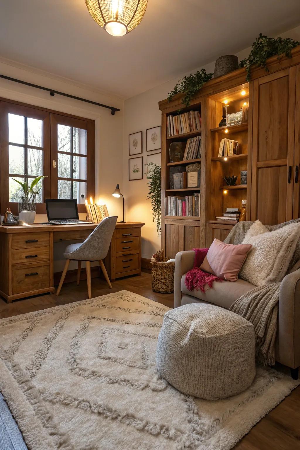 Cozy textures add warmth and comfort to your home office.