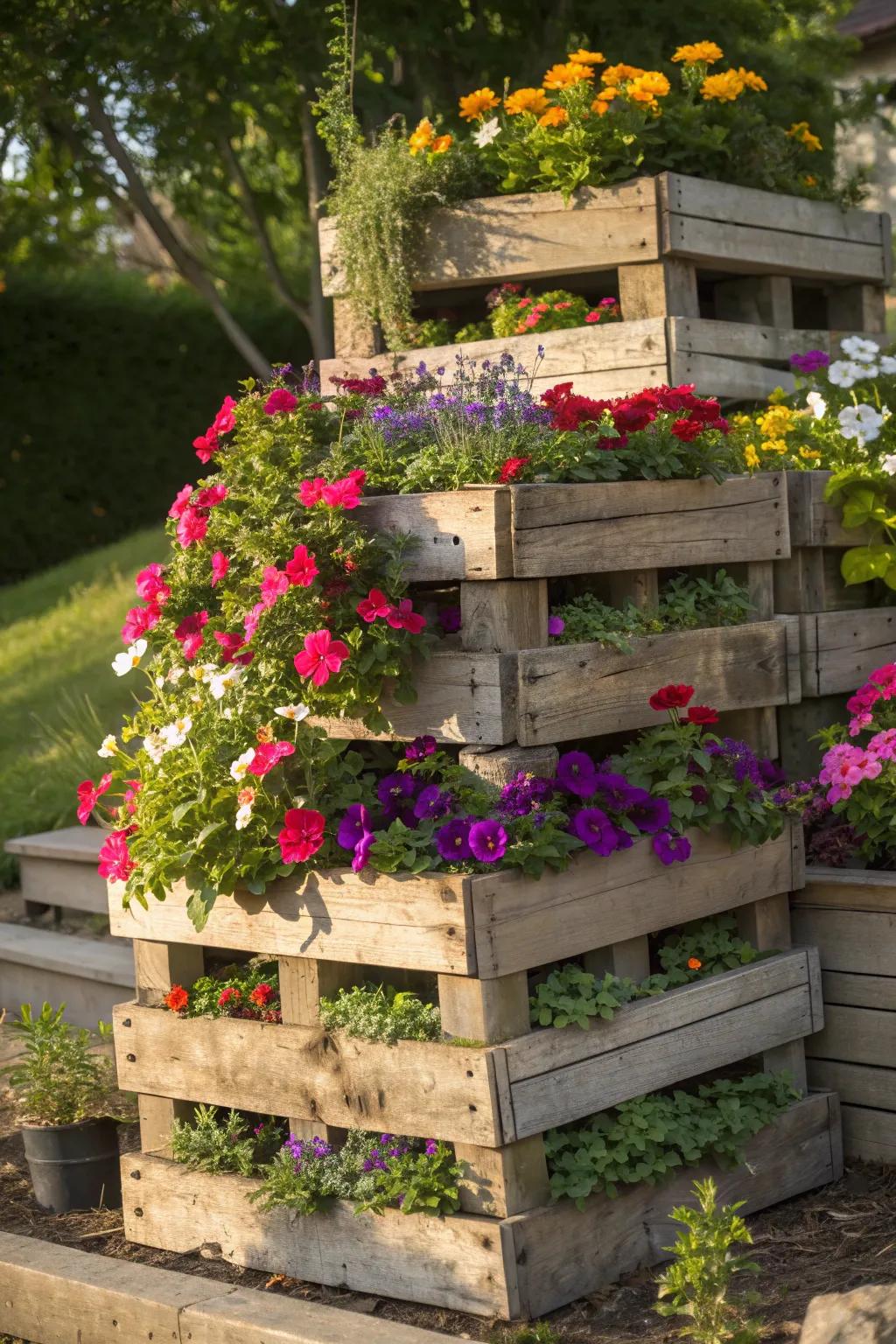Transform your garden with a vibrant flower cascade using simple pallets!
