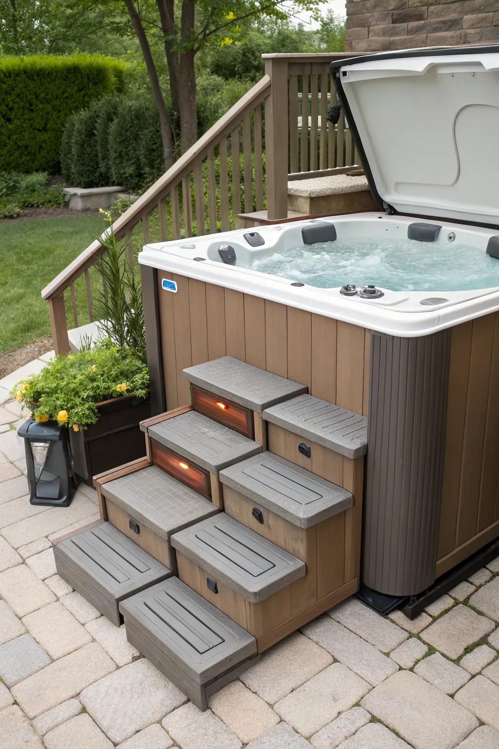 Functional steps and storage enhance the hot tub experience.