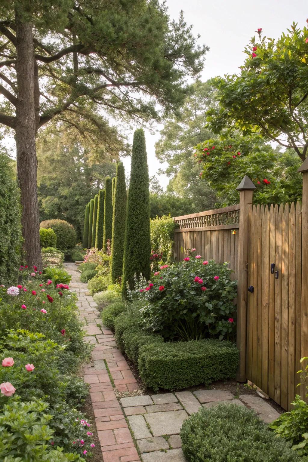 Fences and hedges create a private garden oasis.