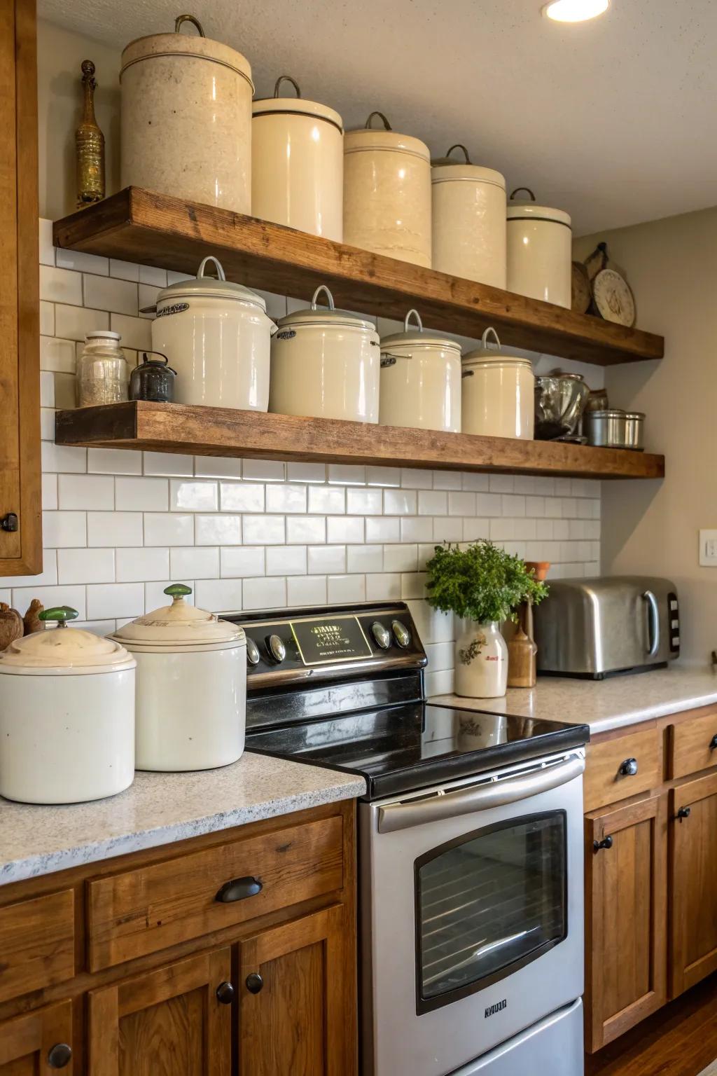 Vintage crocks bring farmhouse charm above kitchen cabinets.