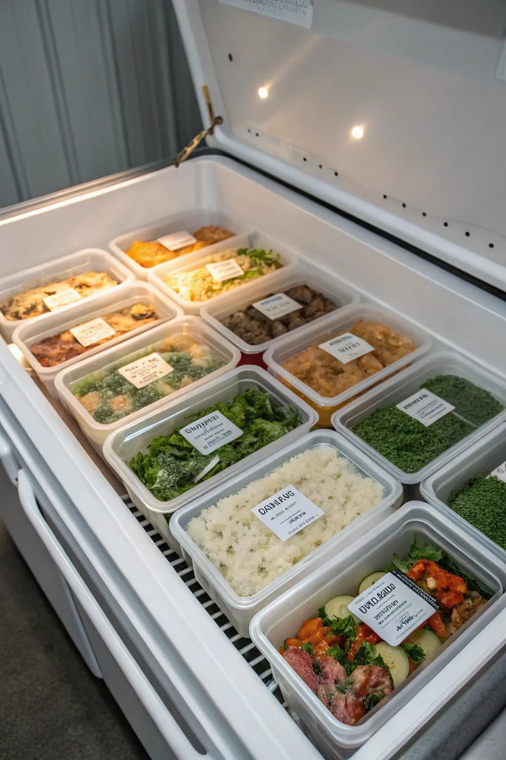 Meals frozen in portions for convenience and efficiency.