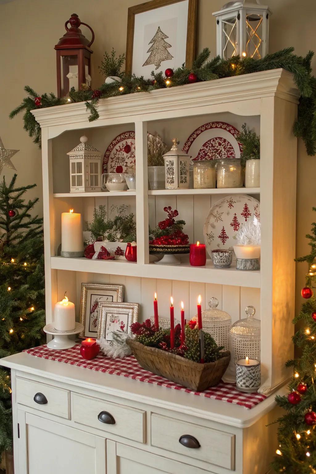 Celebrate the seasons with a hutch top display.