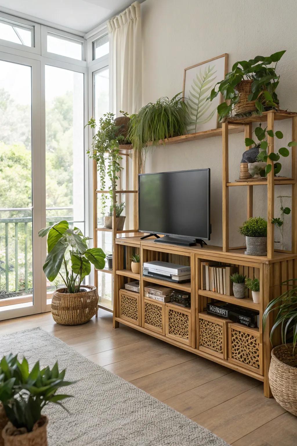 Bamboo shelving adds an eco-friendly touch under your TV.