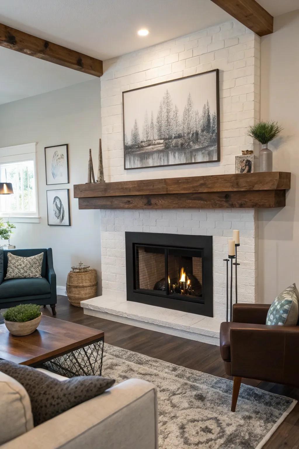 A family room showcasing a suspended lumber ledge over a fireplace, with modern decor highlights.