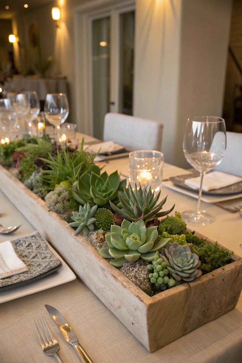 A succulent centerpiece adds elegance to any dining table.